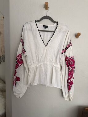 Topshop White Peasant Blouse with Pink Embroidered Sleeves